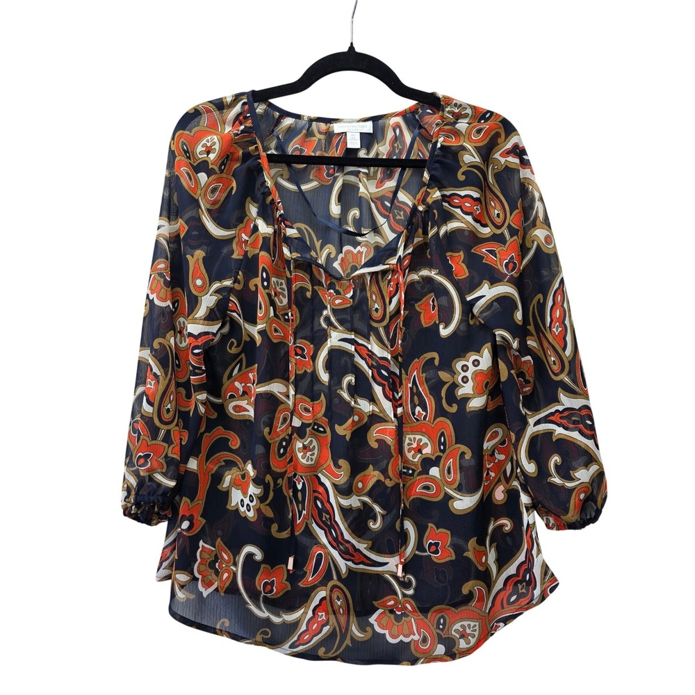 Charter Club Petite Navy Orange Paisley Chiffon Tie Neck Blouse Top PS